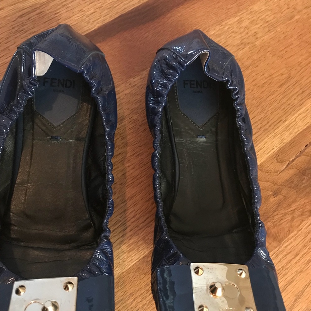 FENDI flats with bow and gold patent logo blue 7.5